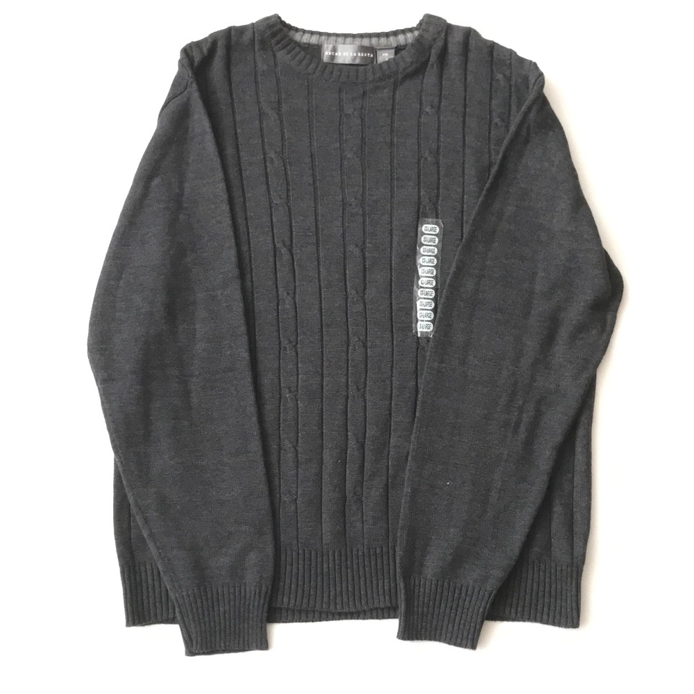 Oscar de la Renta Mens Gray Cable Knit Crew Neck